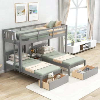 Двухъярусная кровать twin over Twin и Twin Twin с двумя выдвижными ящиками и встроенным средним ящиком, серого цвета
