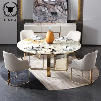 Легкий и роскошный круглый стол из золотого мрамора Pandora с поворотным столом, ресторан для дома, современная простота