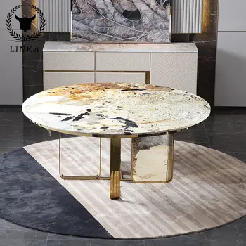 Легкий и роскошный круглый стол из золотого мрамора Pandora с поворотным столом, ресторан для дома, современная простота Легкий и роскошный круглый стол из золотого мрамора Pandora с поворотным столом, ресторан для дома, современная простота 1