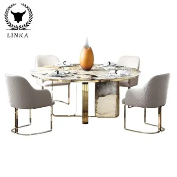 Легкий и роскошный круглый стол из золотого мрамора Pandora с поворотным столом, ресторан для дома, современная простота Легкий и роскошный круглый стол из золотого мрамора Pandora с поворотным столом, ресторан для дома, современная простота 3