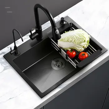 Одинарные кухонные раковины Thicken Nano Из нержавеющей стали, черный бытовой умывальник с держателем для ножей, кухонные принадлежности, большие раковины