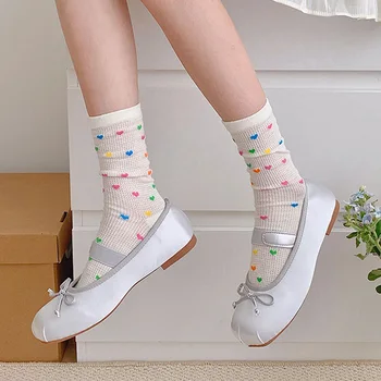 Разноцветные женские носки в горошек, Летние тонкие сетчатые дышащие длинные носки в японском стиле Каваи, Носки с оборками для милых девочек