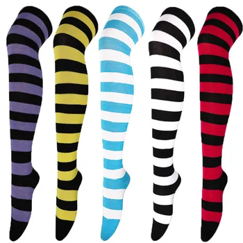Разноцветные черно-белые чулки, Длинные носки в полоску, женские гольфы выше колена, женские гольфы до колена