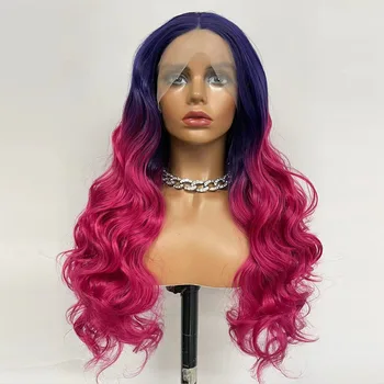 Синтетический Темно-синий Омбре Фиолетовый Косплей Длинный Волнистый парик с кружевом спереди 13x4, 30-дюймовые Красочные парики для чернокожих женщин-трансвеститов